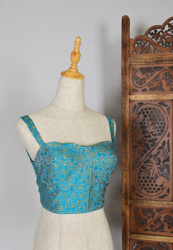 Cyan Zari-Brocade Cotton-Blended Corset-Type Blouse