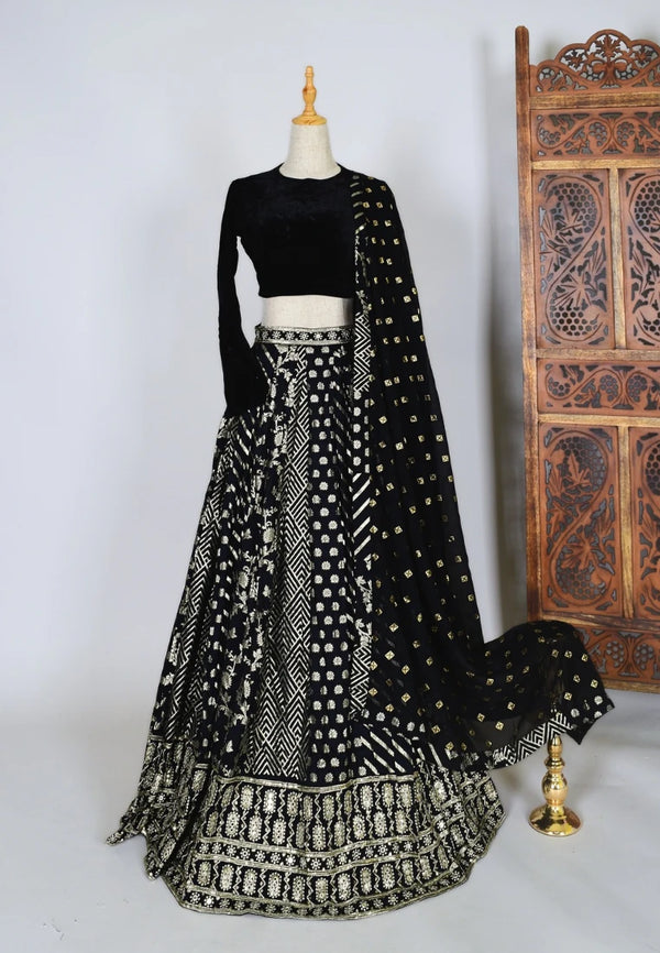 Black Brocade-Embroidered Art-Silk Box-Pleated-Lehenga-Skirt, Blouse & Dupatta Set