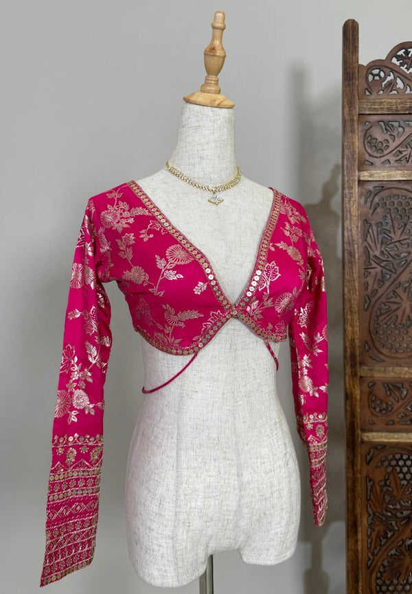 Pink Zari-Brocade-Embroidered Art-Silk Deep-V-Neck Blouse