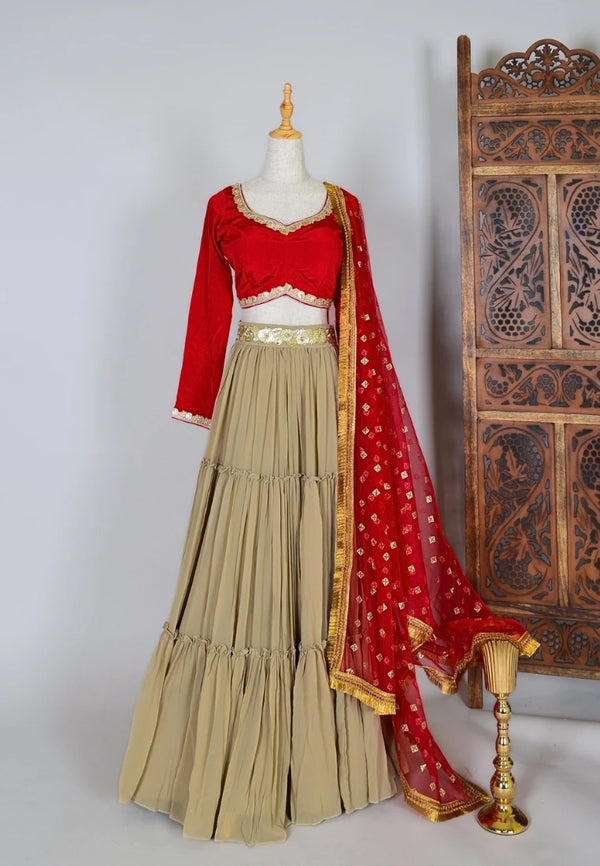 Dark-Beige Georgette Plain-Flare-Layered Lehenga Skirt, Blouse &  Dupatta Set