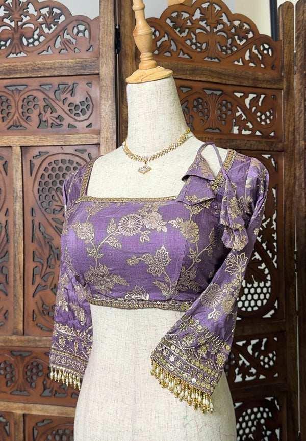 Lavender-Purple Zari-Brocade-Embroidered Art-Silk Square-Neck Blouse