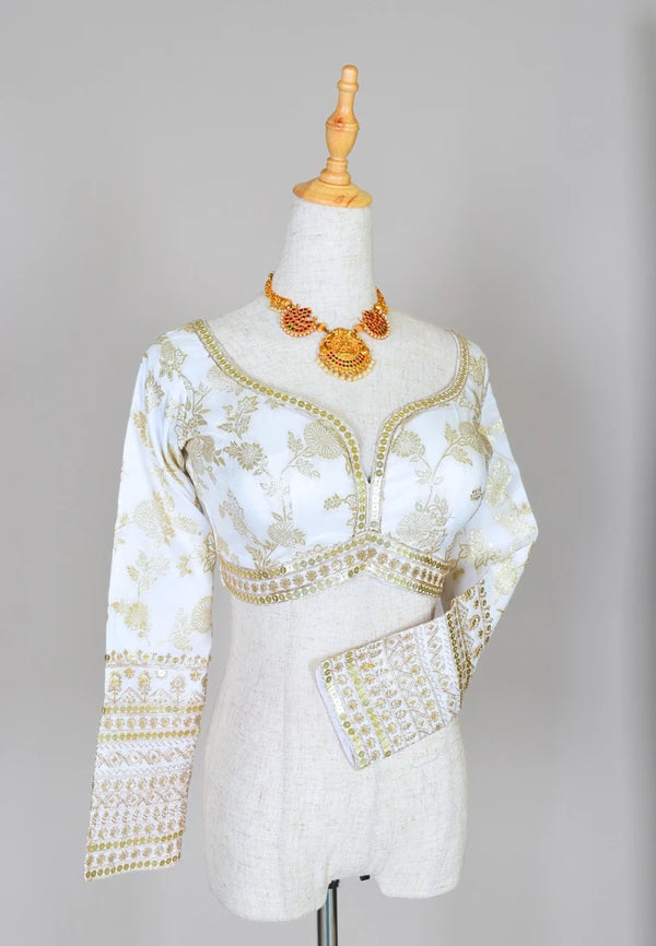 White Zari-Brocade-Embroidered Art-Silk Sweetheart-Neck Blouse