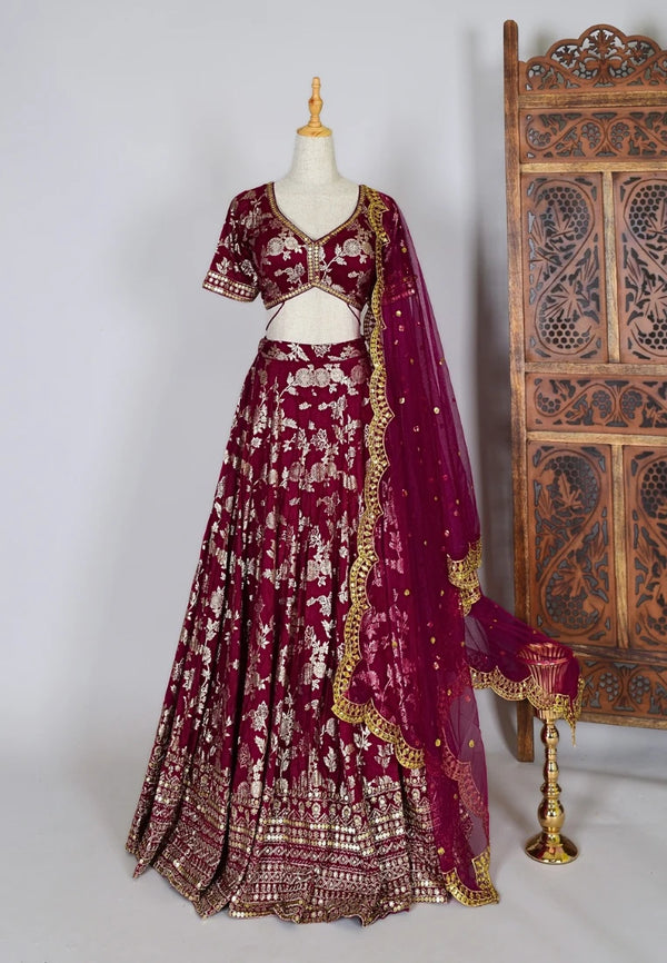 Red-Wine Brocade-Embroidered Art-Silk Pleated-Lehenga-Skirt, Blouse & Dupatta Set