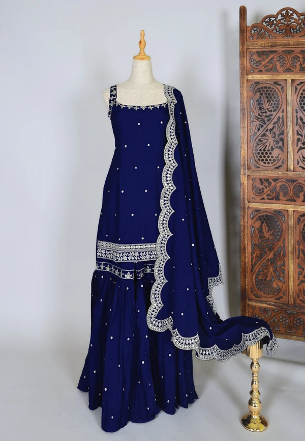 Dark-Blue Sequin-Embroidery Georgette Kurti-Top, Gharara & Dupatta Set