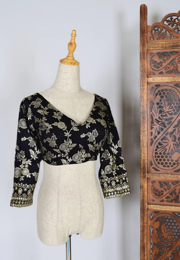 Black Zari-Brocade-Embroidered Art-Silk V-Neck Blouse