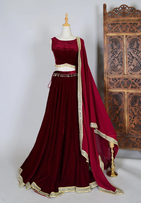 Dark-Maroon Velvet Plain-Flare Dangling-Lace Lehenga Skirt, Blouse &  Dupatta Set