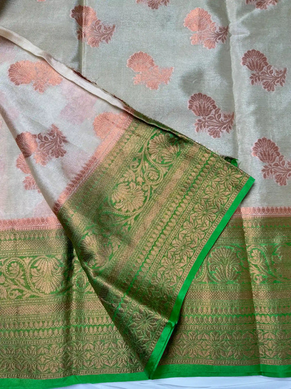 White-Green warm silk contrast pallu Banarasi saree