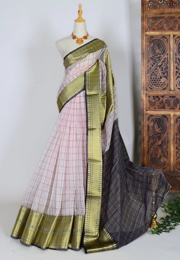 White-Black Soft-Organza Checkered-Body Banarasi-Saree