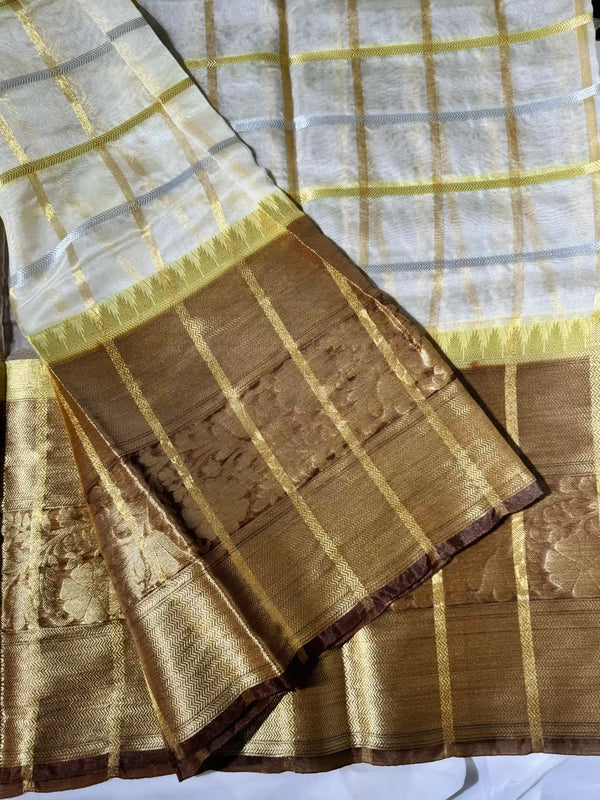 White-copper soft organza checkered Banarasi saree