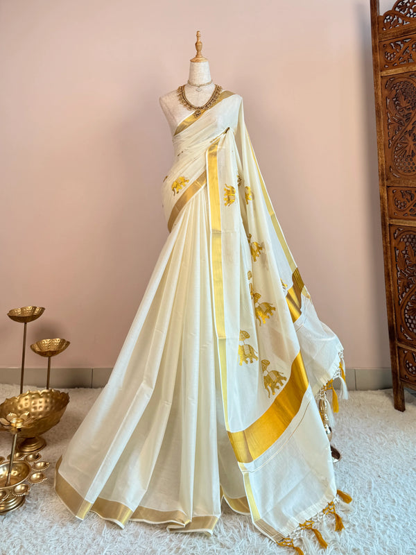 White-Gold Premium-Silk-Cotton Elephant-Embroidered-Butta South-Saree