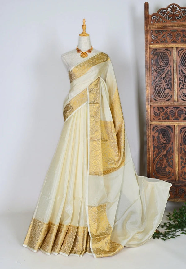 White-Gold Warm-Silk Plain-Body Woven-Border Banarasi-Saree