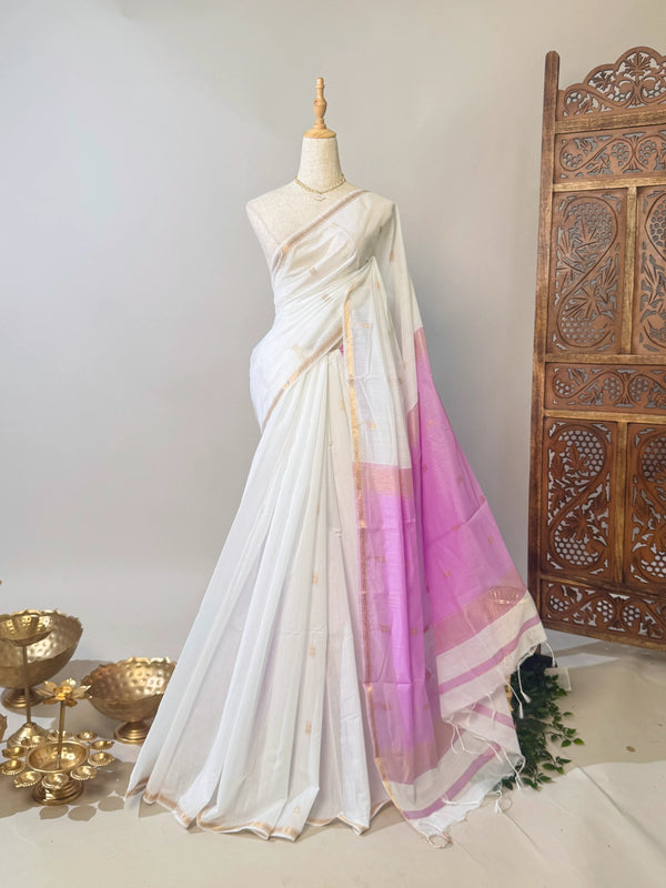 White-Lilac Poly-Silk-Cotton Butta-Woven South-Saree