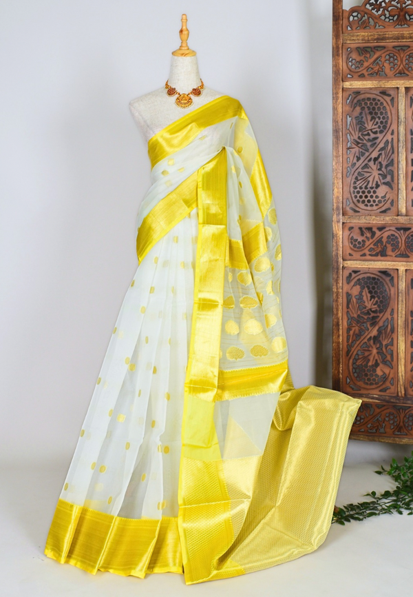 White-Yellow Soft-Organza Butti-Woven Banarasi-Saree