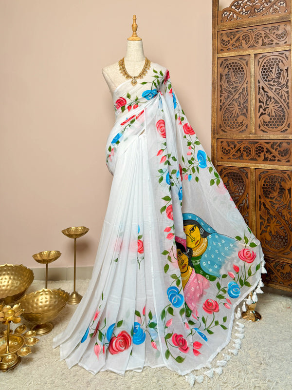 White Handspun Pure-Cotton Handpainted Bengal-Saree