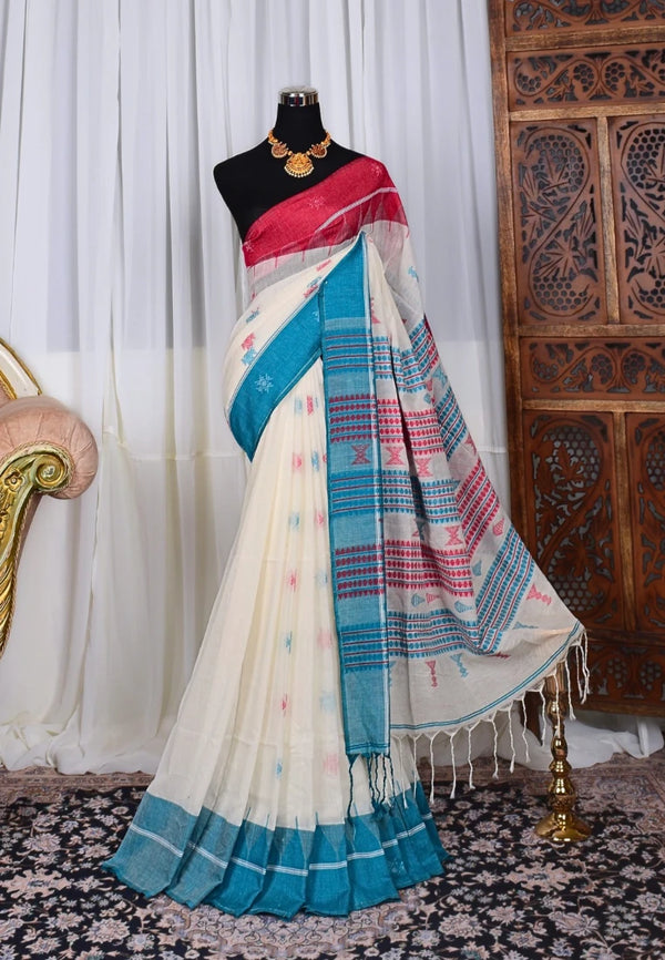 White-Blue-Pink Handloom-Mercerised Pure-Cotton Double-Border Woven-Body Bengal-Saree