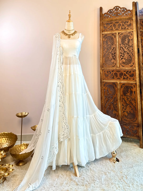 White Viscose-Georgette Multi-Layered Pleated-Anarkali-Pants-Dupatta-Set
