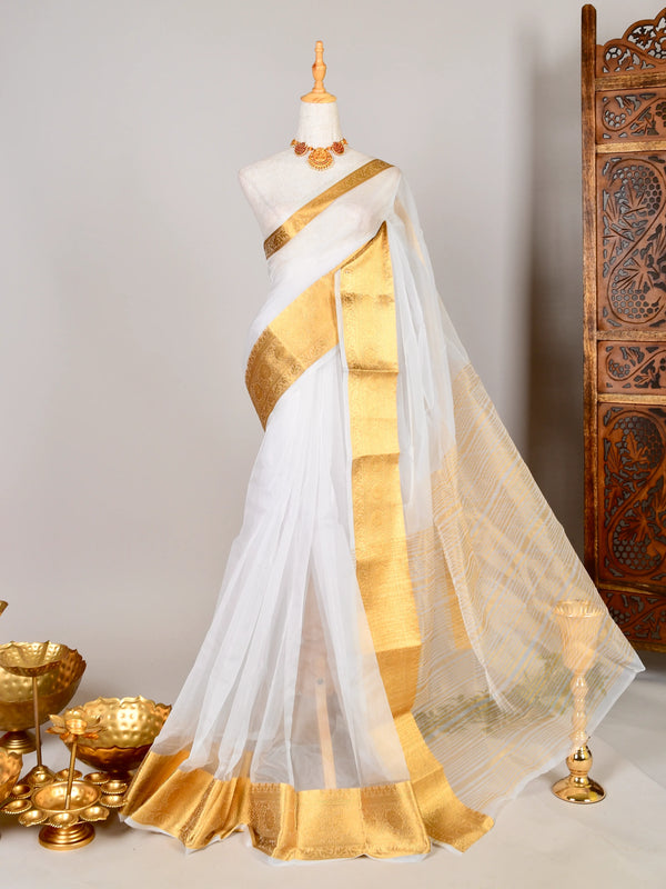White-Gold Soft-Organza Patta-Border Banarasi-Saree