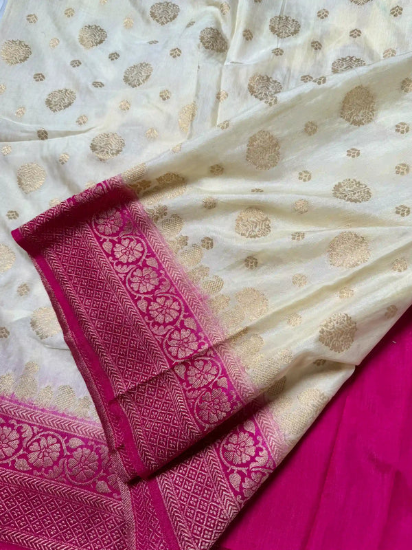 White pink Banglori satin woven details Banarasi saree
