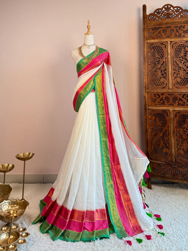 White-Pink Handspun Pure-Cotton Woven-Twin-Border Bengal-Saree
