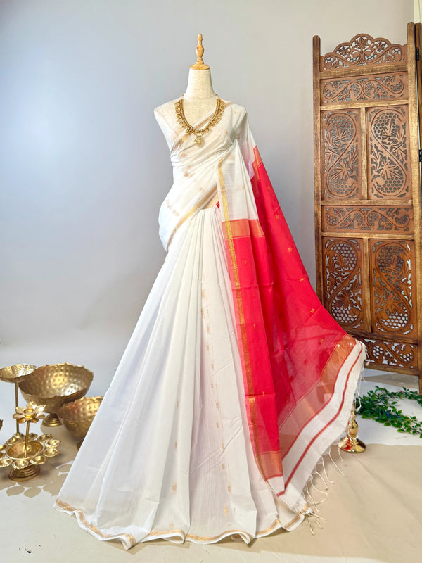 White-Red Poly-Silk-Cotton Butta-Woven South-Saree