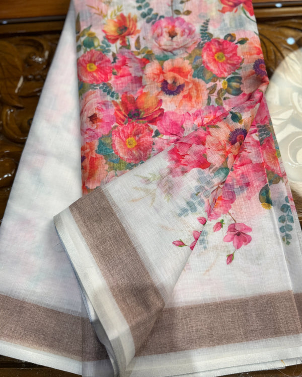 White Linen-Cotton Floral-Realistic-Print North-Saree