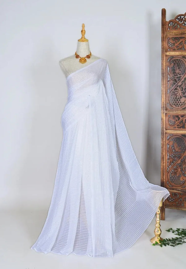 White Georgette Sequin-Stitched borderless North-Saree