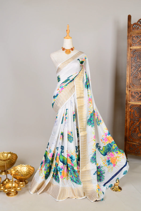 White Soft-Silk Kalamkari-Peacock-Themed North-Saree