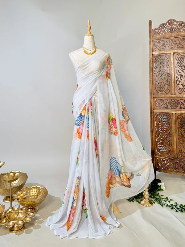 White Weightless-Georgette Beaded North-Saree