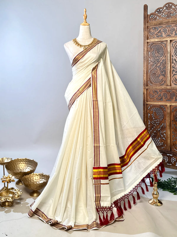 White-Maroon Pure-Cotton Woven-Border Big-Tassel South-Saree