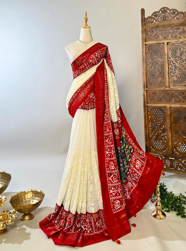White-Red Embroidered-Body Georgette Kalamkari-Border North-Saree