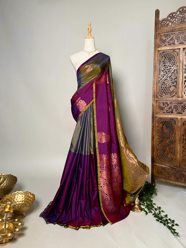 Wine-Olive Soft-Silk Half-n-Half South-Saree