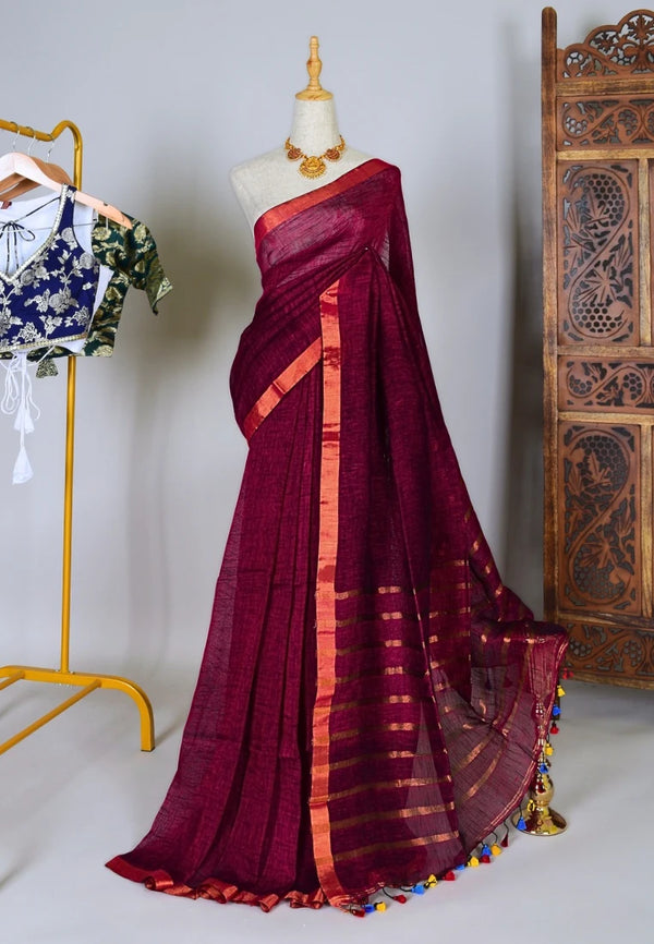 Wine Slub-Linen Handloom Plain Copper-Zari-Border Bengal-Saree