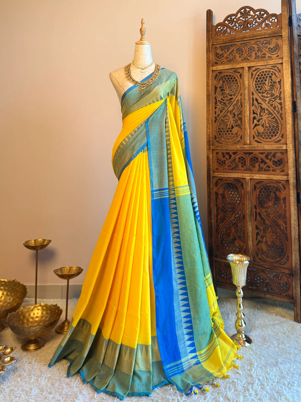 Yellow-Blue Handspun Pure-Cotton Temple-Border Bengal-Saree