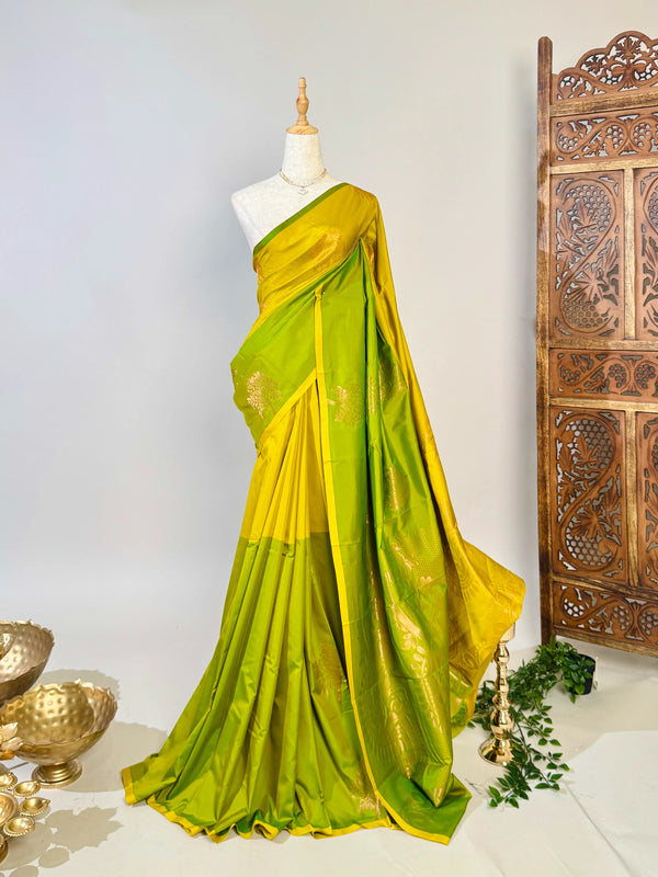 Yellow-Apple-Green Soft-Silk Half-n-Half South-Saree
