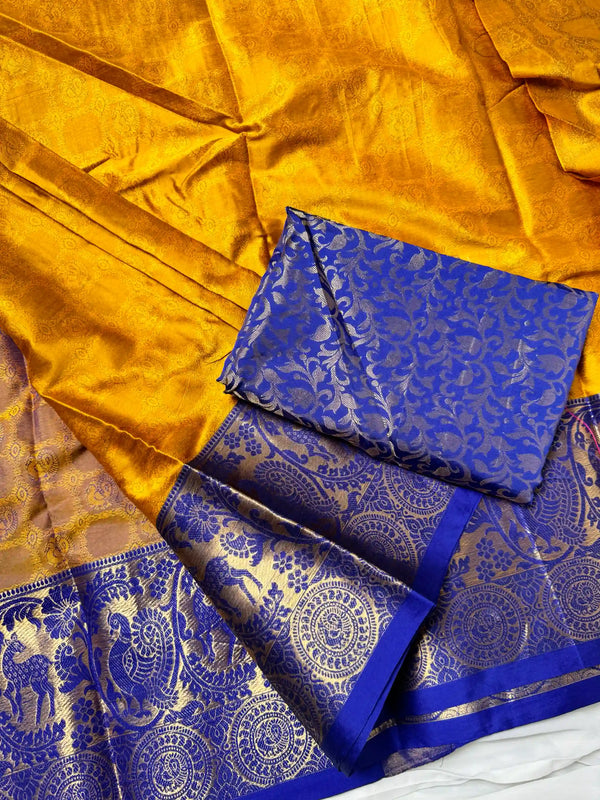 Yellow-blue poly silk brocade blouse north saree