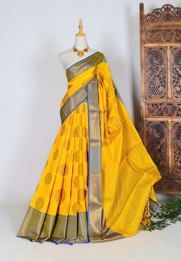 Yellow-Blue Silk-Cotton Butta-Woven Banarasi-Saree