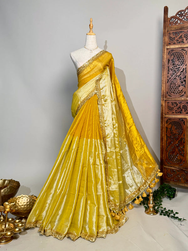 Yellow-Gold Poly-Tissue-Cotton Big-Poms Sequin-Border North-Saree