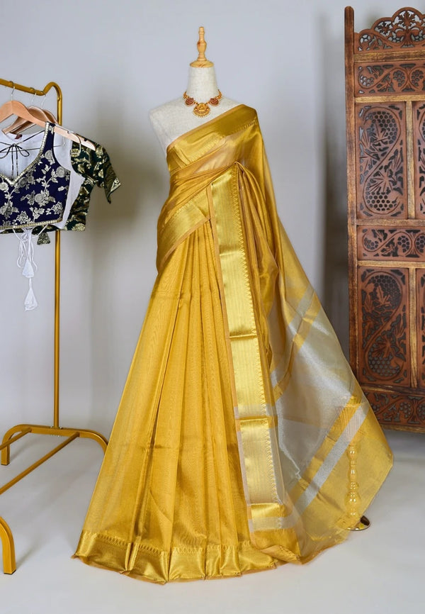 Yellow-Gold Silk-Tissue Plain-Body Patta-Border Banarasi-Saree