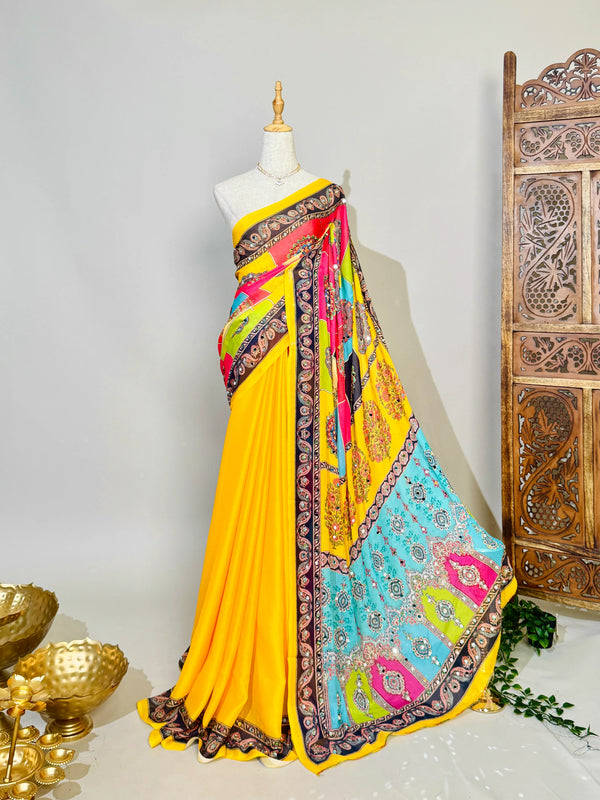 Yellow-MultiColour Soft-Silk Real-Mirror North-Saree