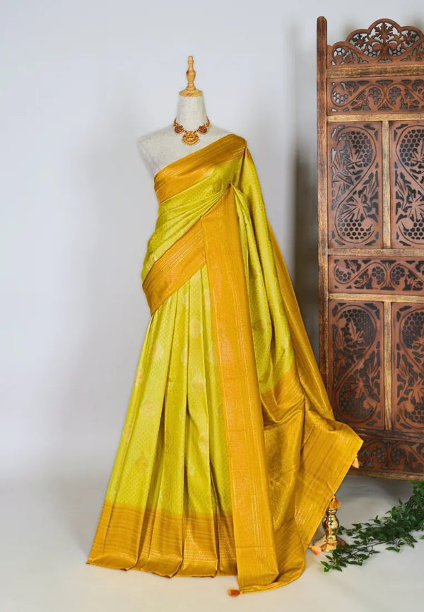 Yellow Mustard Soft Silk Jacquard Woven Zari Body Grand Pallu Banarasi Saree