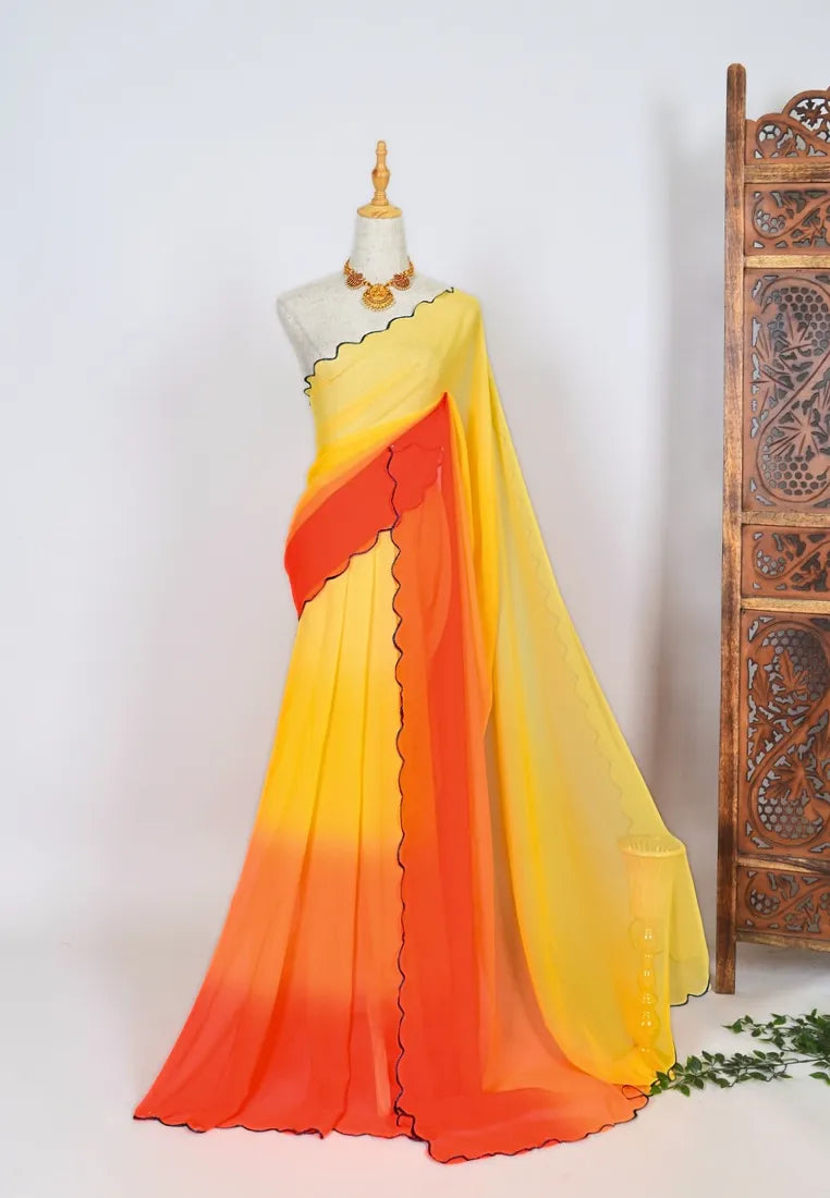 Yellow-Orange Chiffon Scallop-Border Ombre North-Saree – Yeshan Sarees