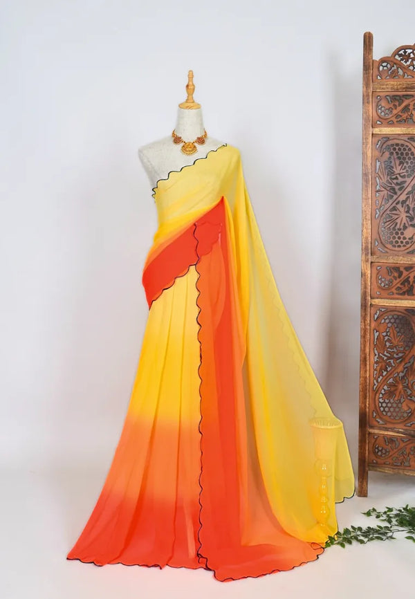 Yellow-Orange Chiffon Scallop-Border Ombre North-Saree