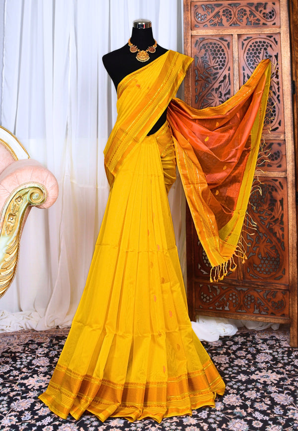 Yellow Orange Pure Silk Pure Cotton Butti Body Maheswari Saree