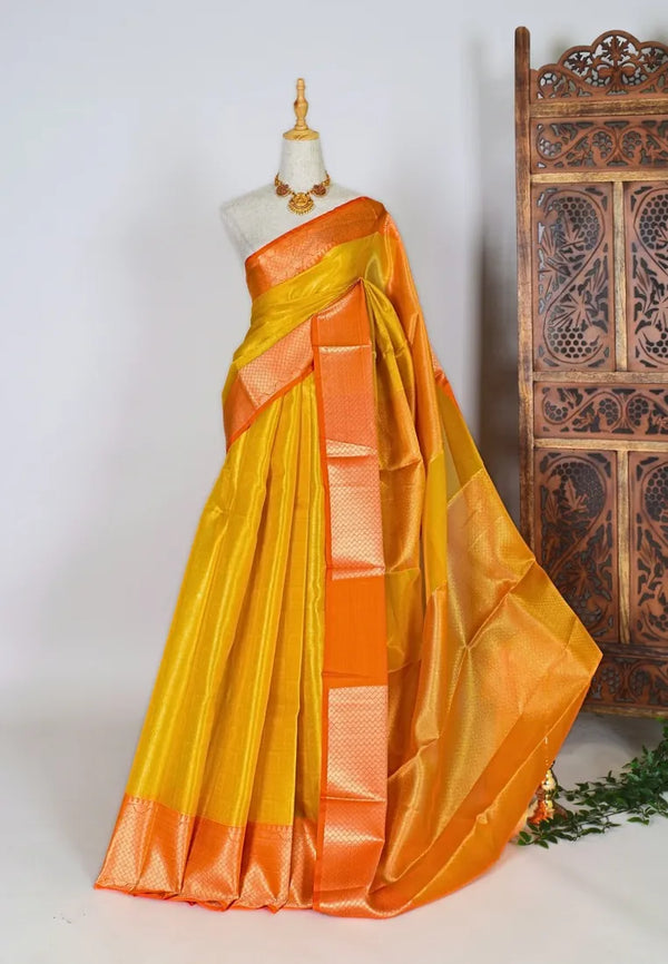 Yellow Orange Silk Tissue Grand Pallu Traditional Banarasi Saree