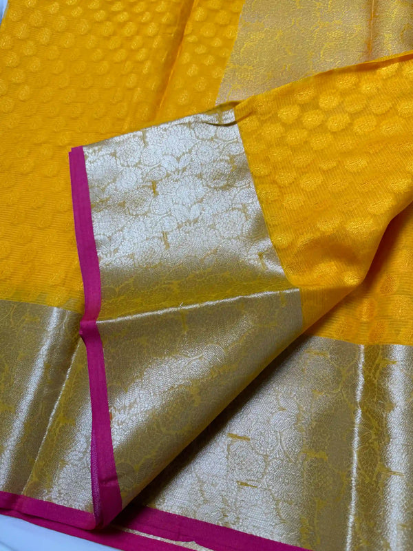 Yellow-pink silk tanchui embossed Banarasi saree