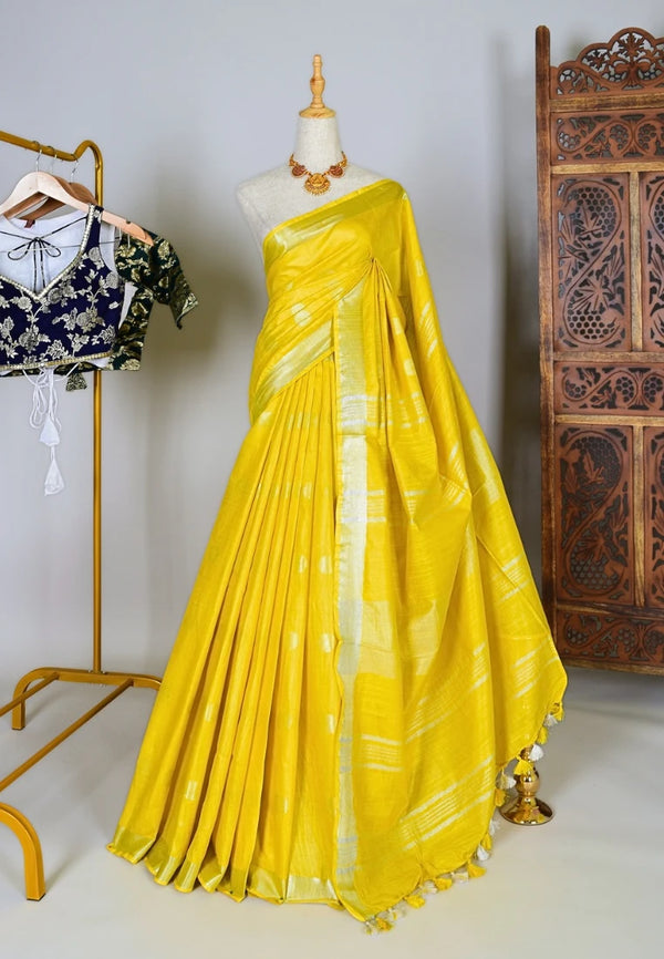 Yellow-Silver Kota-Silk Ball-Motif Patta-Border Bengal-Saree