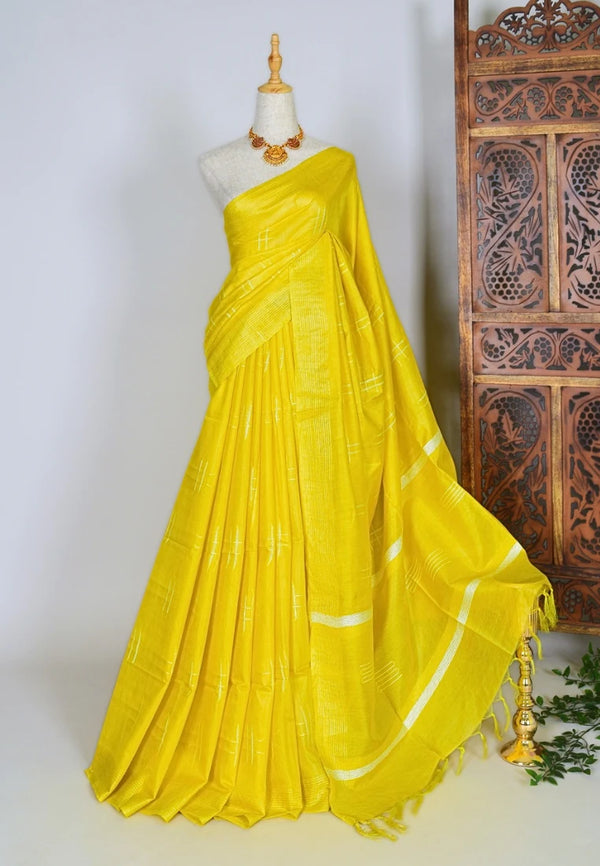 Yellow-Kota Silk-Thread Embroidered Bengal-Saree