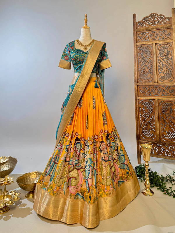 Yellow-Blue Soft-Silk Digital-Printed Kalamkari-Box-Pleated Lehenga-Blouse-Dupatta-Set