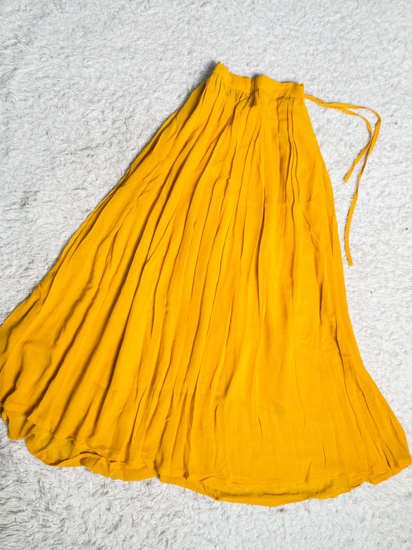 Yellow Micro-Pleated Plain Flare-Skirt