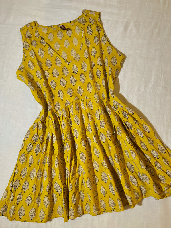 Yellow-White Cotton Block-Printed Short-Kurti-Top